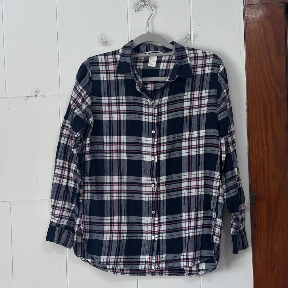 HM Womens Navy Blue Pink Plaid Cotton Button Down Shirt Size 6 Long Sleeve